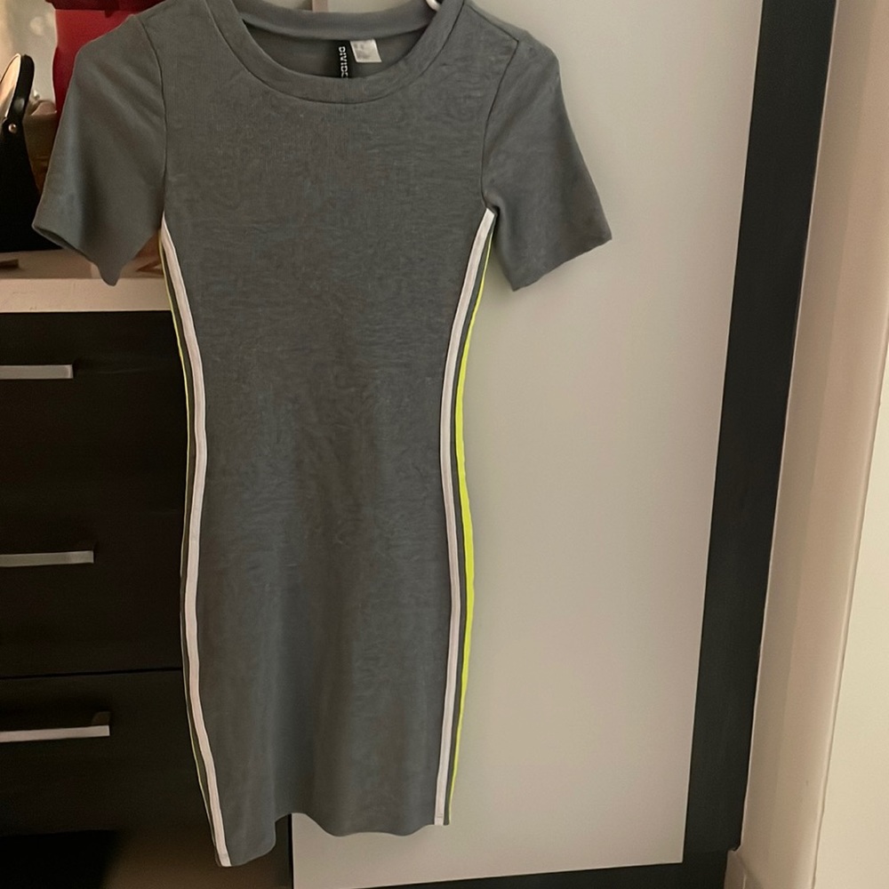 Grey spring dress with lime green and white stripes